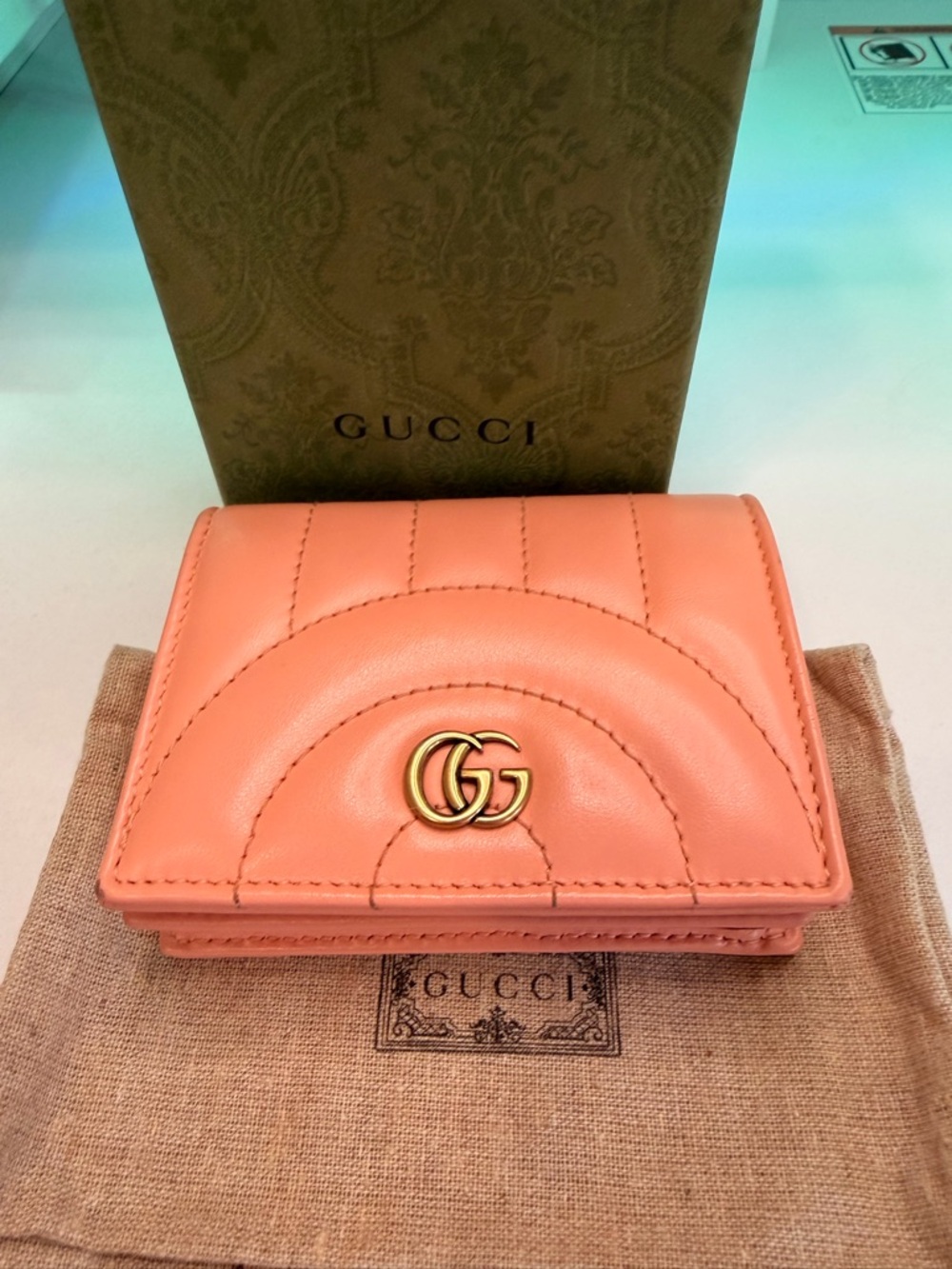 GUCCI Coral Quilted Leather GG Compact BIFOLD Wallet PINK